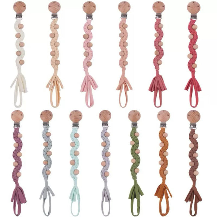 Macrame Boho Wooden-Bead Pacifier Holder Clip with Metal Safety Clamp