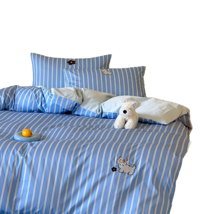 Striped Cotton Sateen Duvet Cover Set with Embroidered Cat Patch and Hidden Zipper