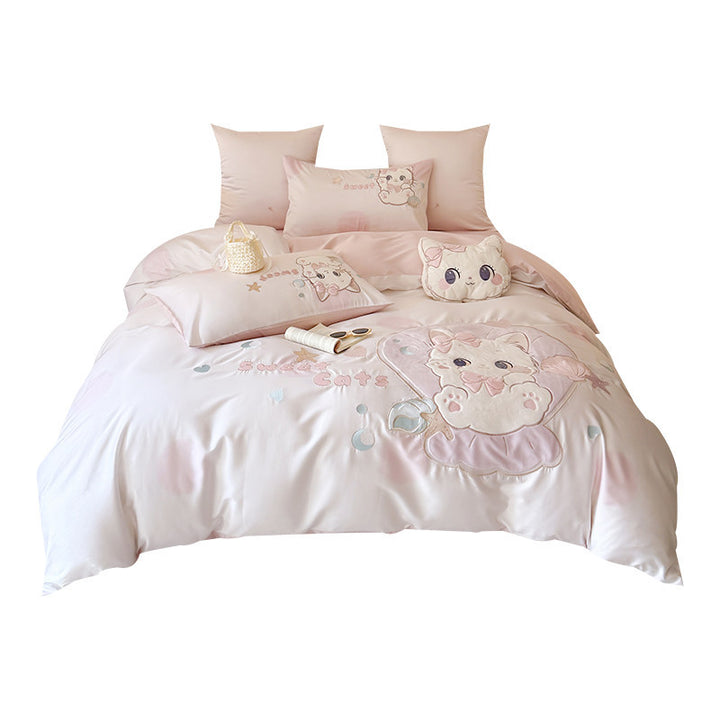 Embroidered Cotton Sateen Duvet Cover Set with Plush Appliqué Cat and Decorative Pillow Shams