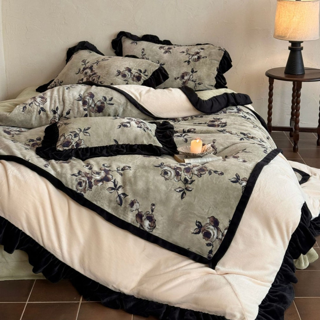 Floral Velvet-Texture Ruffled Duvet Cover Set with Decorative Pillow Shams