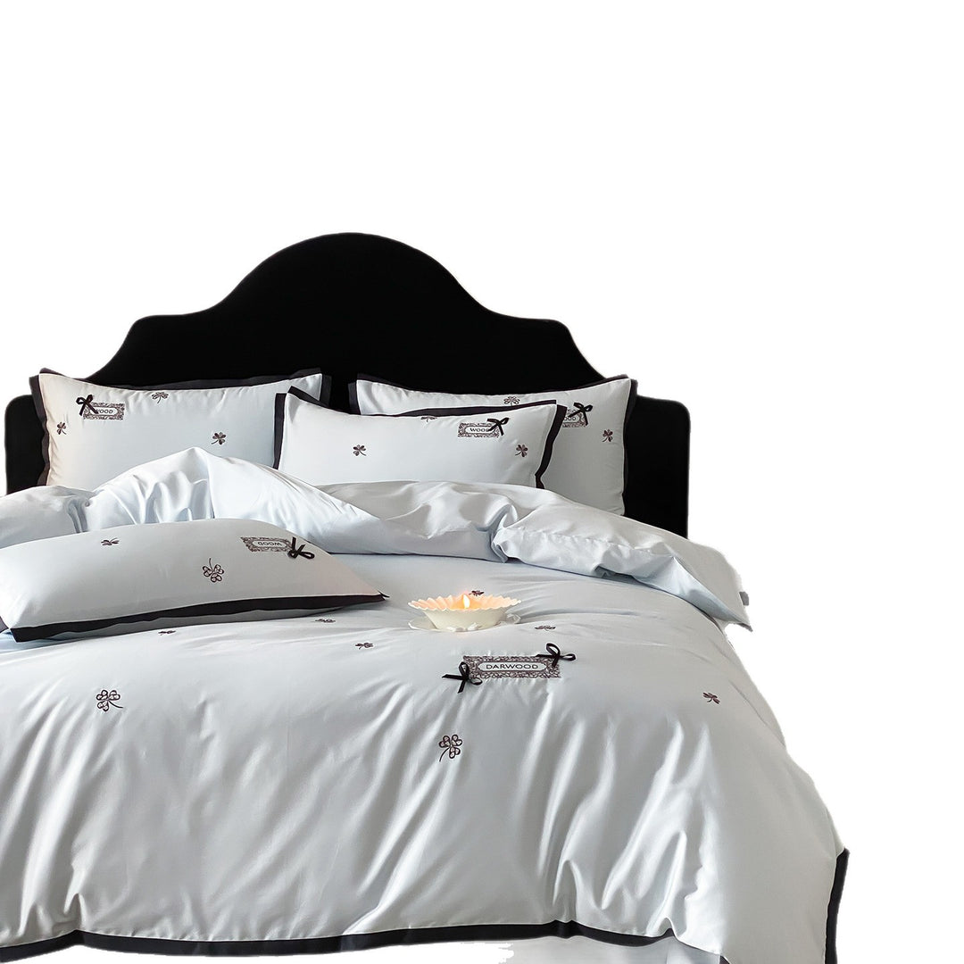 Embroidered Cotton Sateen Duvet Cover Set with Contrast Piped Edge and Ribbon Appliqué