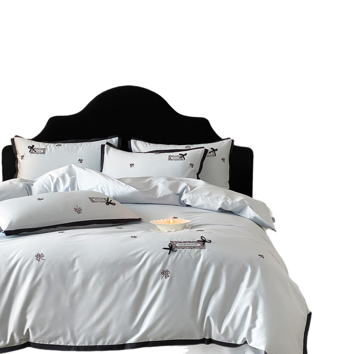 Embroidered Cotton Sateen Duvet Cover Set with Contrast Piped Edge and Ribbon Appliqué