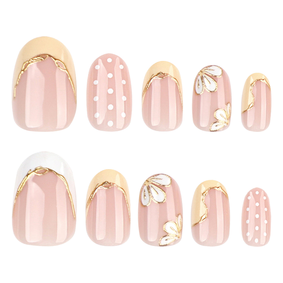 Artful Nail Extensions with Floral Design and Elegant Gold Accents Stornfield
