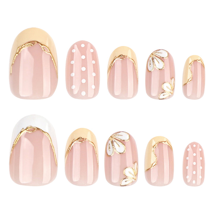 Artful Nail Extensions with Floral Design and Elegant Gold Accents Stornfield