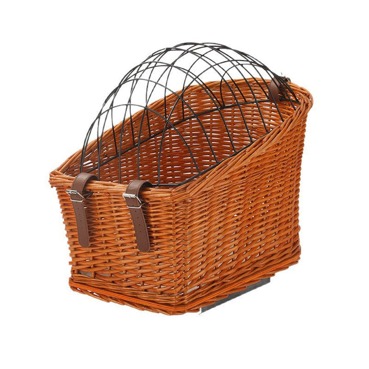 front-mount wicker bicycle pet carrier basket with foldable metal safety dome and adjustable leather buckle straps Stornfield