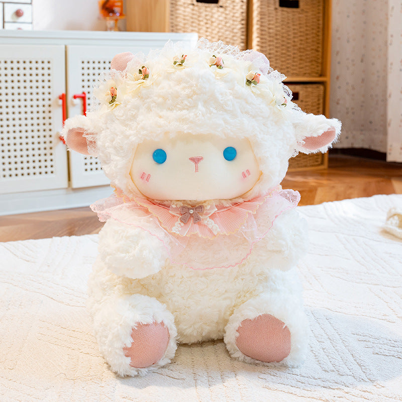 Plush Lamb Sitting Collectible with Floral Lace Headband and Decorative Ruffle Collar Stornfield