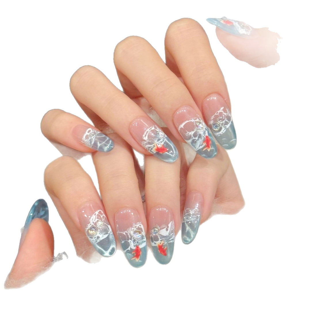 Artistic Press-On Nail Set with Unique Hand-Painted Design