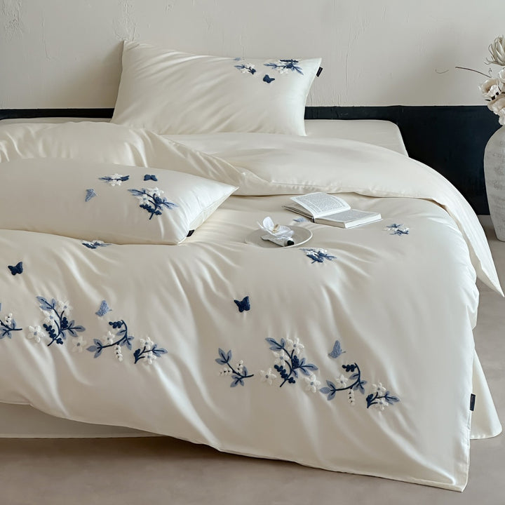Floral Embroidered Satin-Feel Duvet Cover Set with Pillow Shams