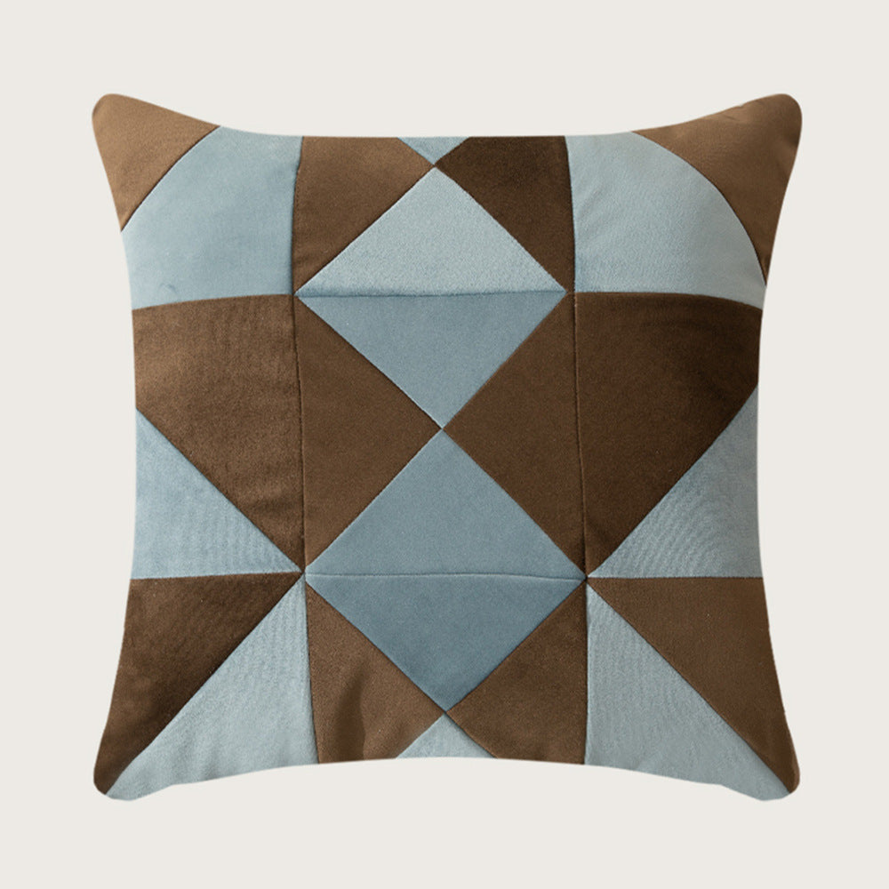 Square decorative cushion with striped velvet inlay and geometric pleated look