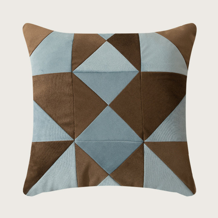 Square decorative cushion with striped velvet inlay and geometric pleated look