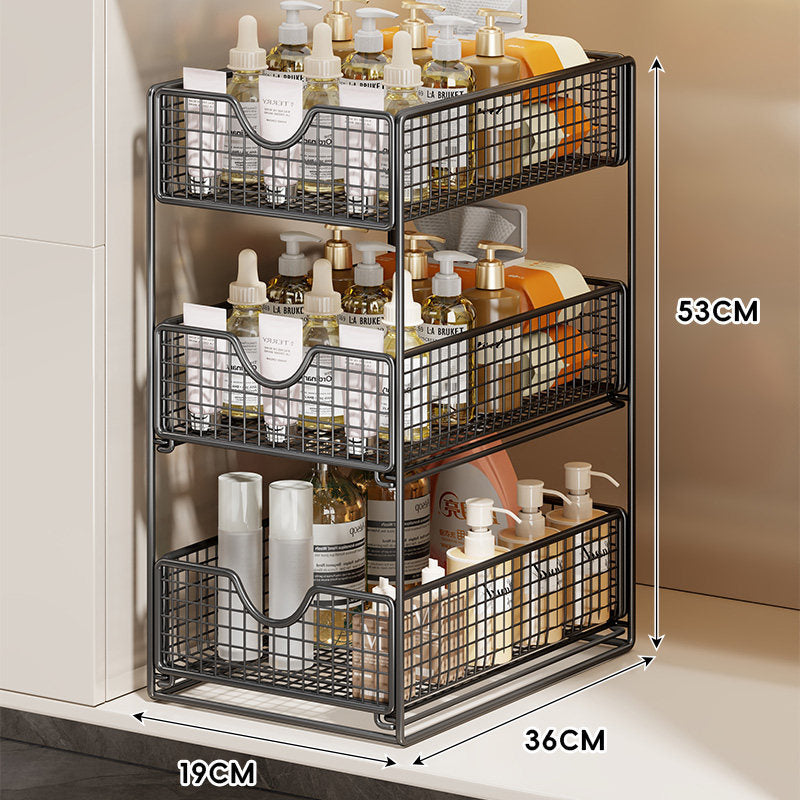 Three-Tier Sliding Mesh Drawer Cabinet Organizer for Kitchen and Bathroom