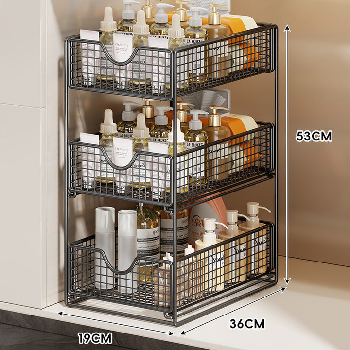 Three-Tier Sliding Mesh Drawer Cabinet Organizer for Kitchen and Bathroom