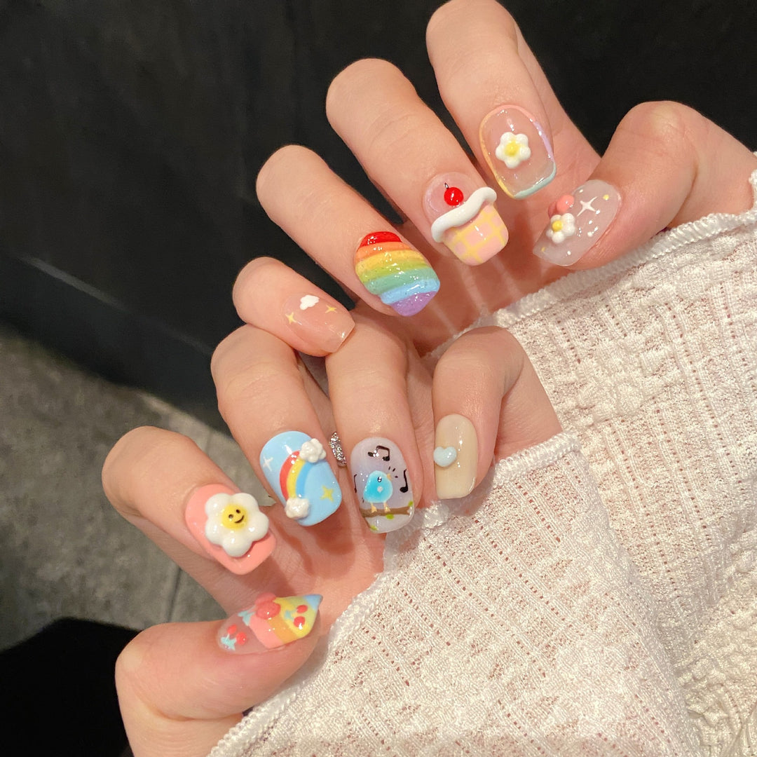 Whimsical Press-On Nail Art Set with Cartoon Designs