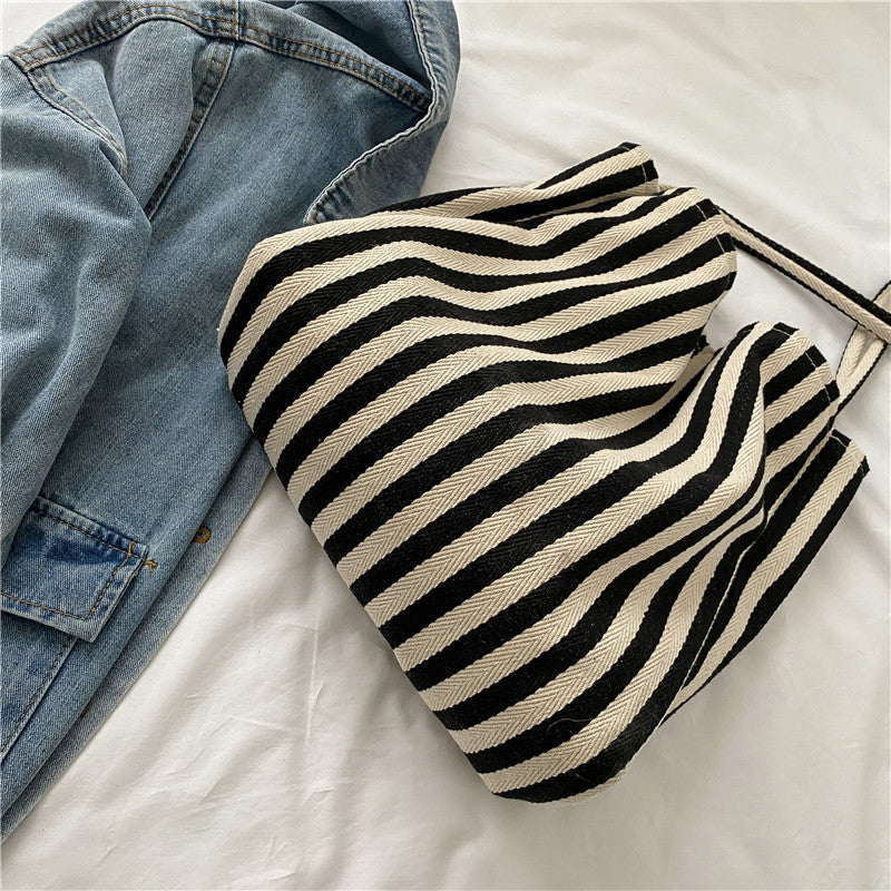 Striped Canvas Shoulder Tote Bag