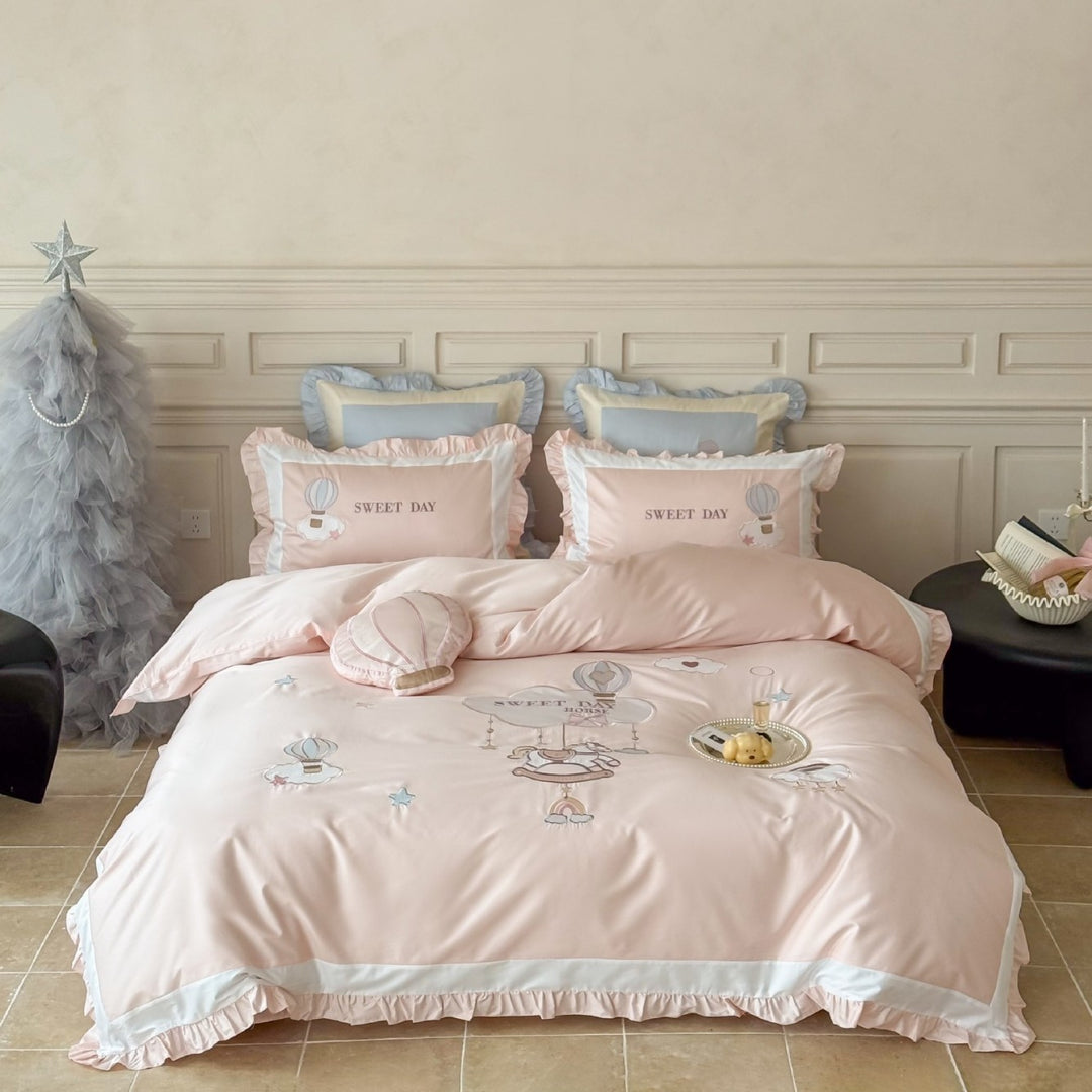 Ruffled Hot Air Balloon Embroidered Bedding Duvet Cover Set