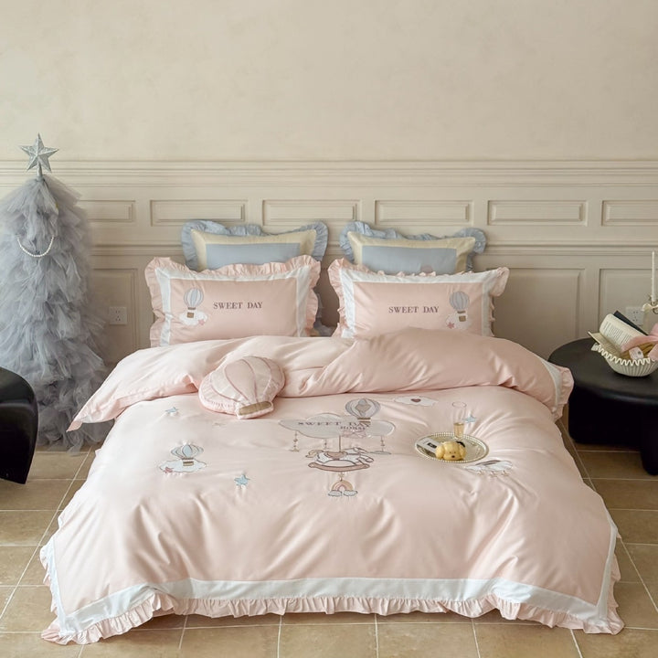 Ruffled Hot Air Balloon Embroidered Bedding Duvet Cover Set