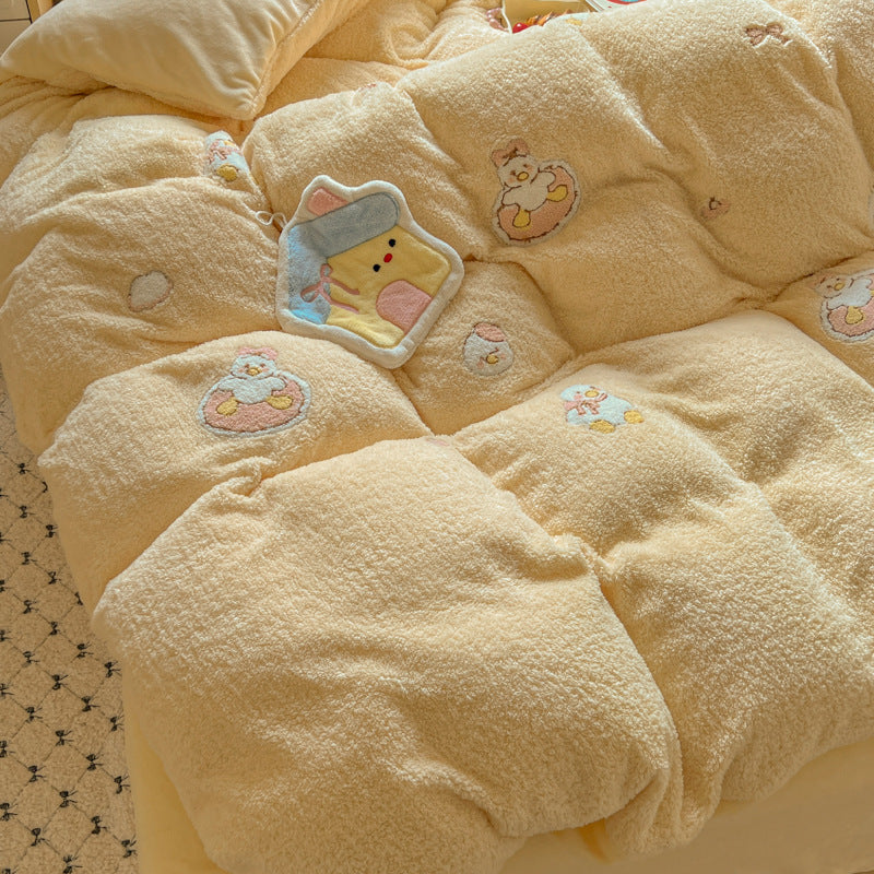 Plush Sherpa Reversible Comforter and Pillowcase Set with Kawaii Embroidered Motif