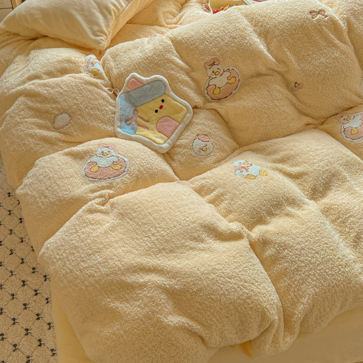 Plush Sherpa Reversible Comforter and Pillowcase Set with Kawaii Embroidered Motif