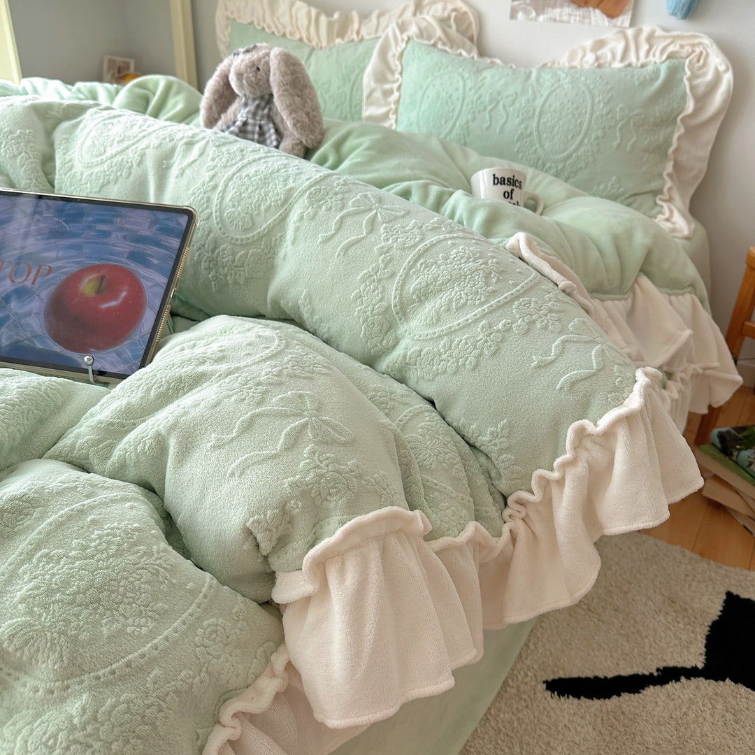 Plush Ruffled Embossed Velvet Comforter Set with Layered Frill Shams
