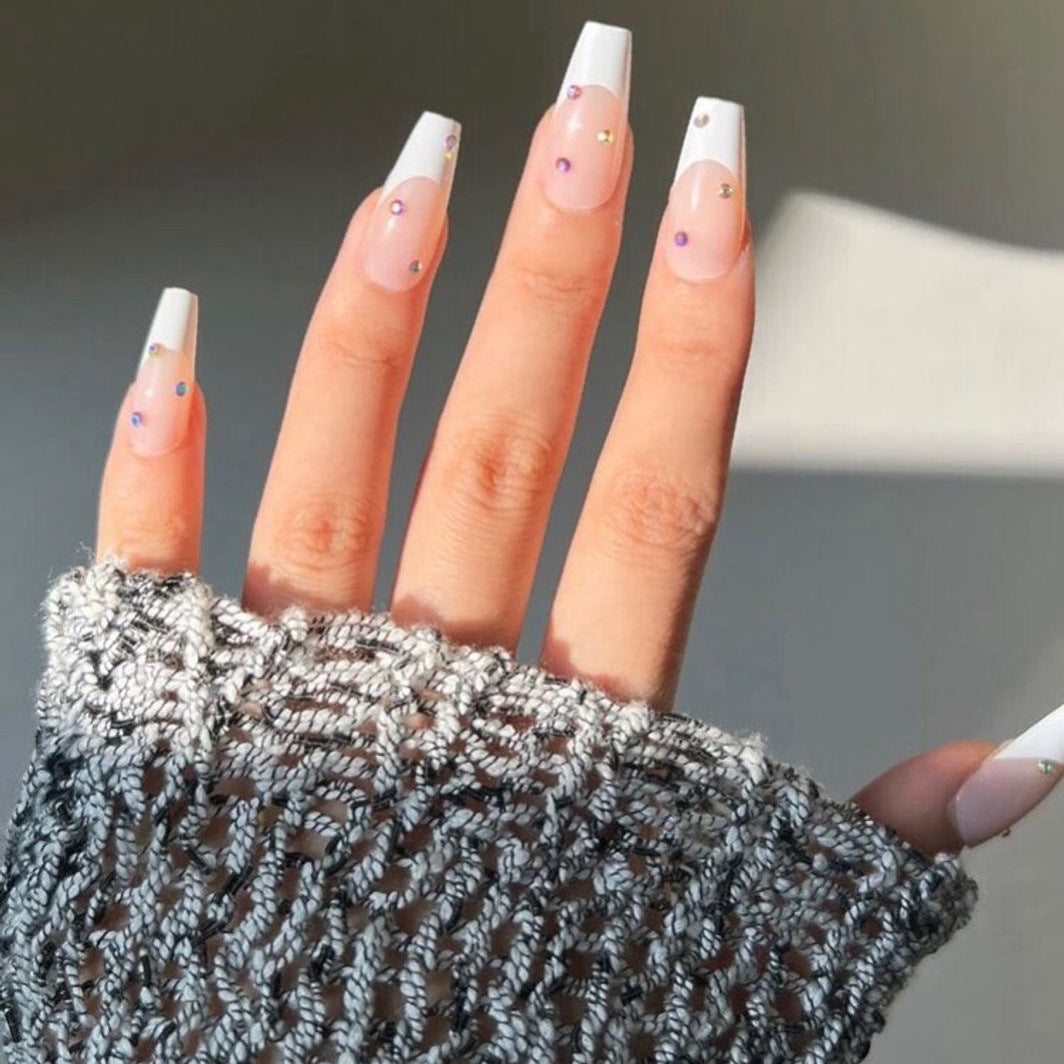 Elegant Iconic French Tip Press-On Nails with Rhinestone Accents Stornfield