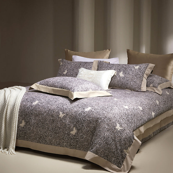 Botanical Rose-Motif Cotton Sateen Duvet Cover Set with Silk-Feel Border