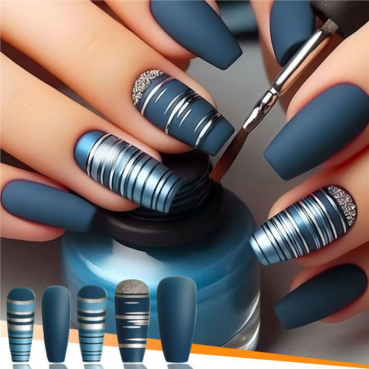 Fashionable Matte Finish Press-On Nails with Metallic Stripes Stornfield