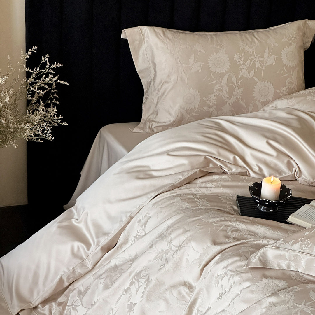 Luxurious satin jacquard bedding with floral relief pattern