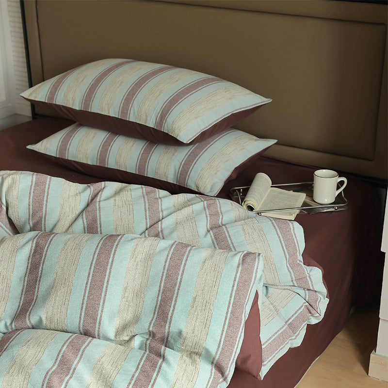 Striped Textured Cotton-Linen Reversible Duvet Cover Set with Pillow Shams