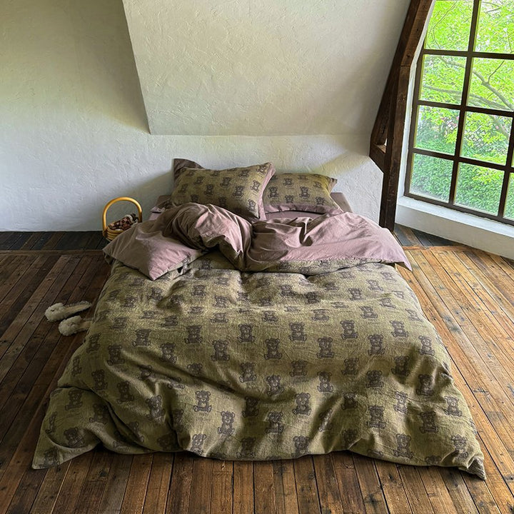 Teddy-Motif Washed Cotton Percale Duvet Cover Ensemble