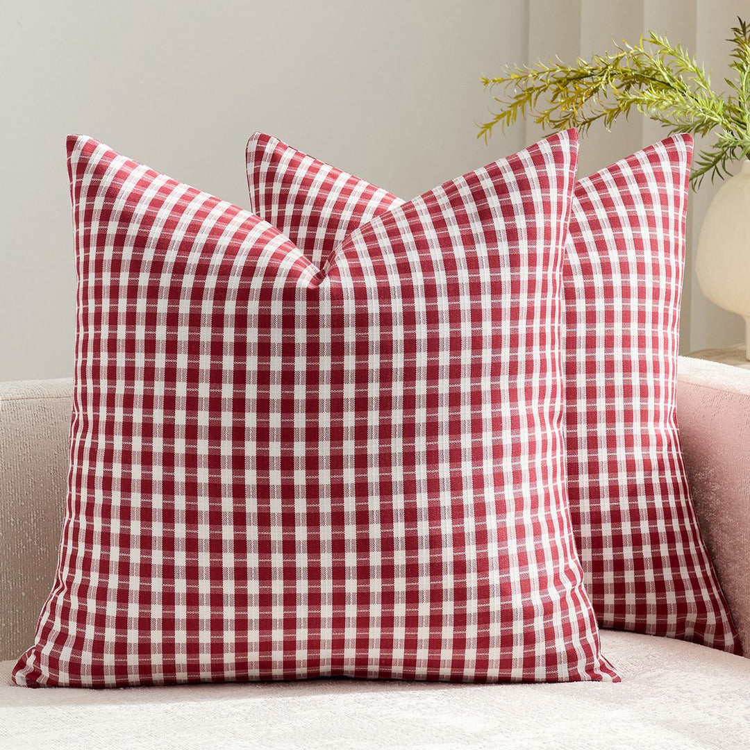 Gingham Cotton-Linen Square Throw Pillow Covers with Hidden Zipper Pair