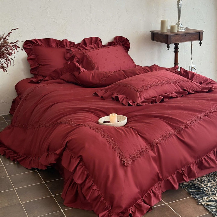 Luxury Ruffled Lace Duvet Cover Set with Embroidered Scallop Trim