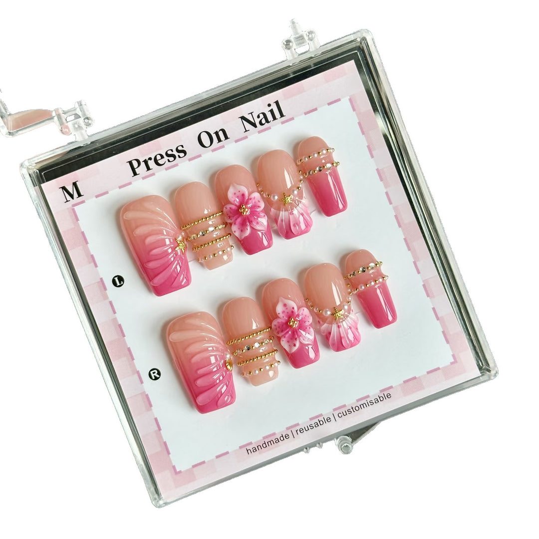 Artistic Press-On Nail Set with Floral Embellishments
