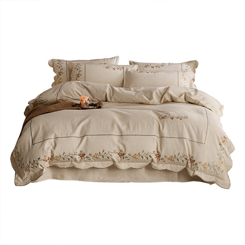 Embroidered Scalloped-Edge Cotton-Linen Blend Duvet Cover Set with Floral Vine Motif