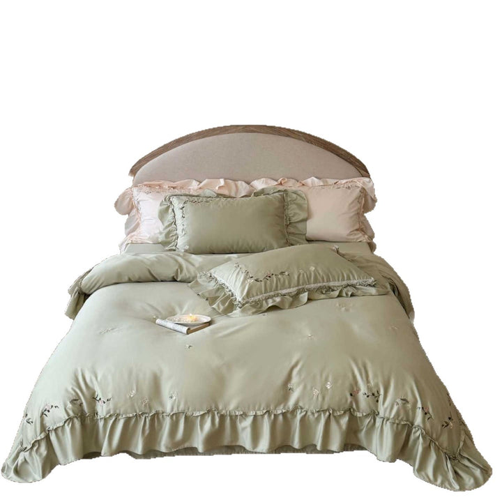 Ruffled Satin-Feel Embroidered Duvet Cover Set with Pillow Shams