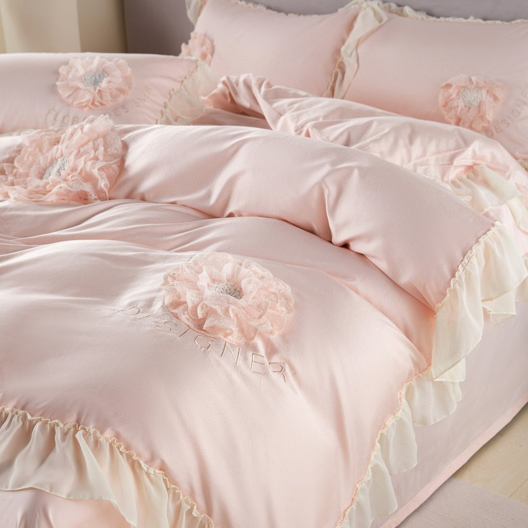 Romantic Ruffled Floral Applique Satin-Feel Duvet Cover Set