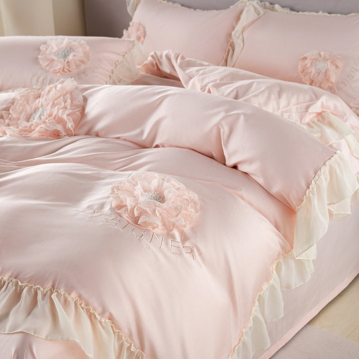 Romantic Ruffled Floral Applique Satin-Feel Duvet Cover Set