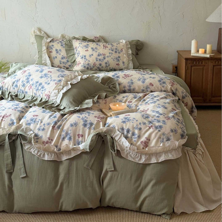 Vintage-inspired bedding set with ruffles, quilted bedspread, and cotton-linen bed skirt