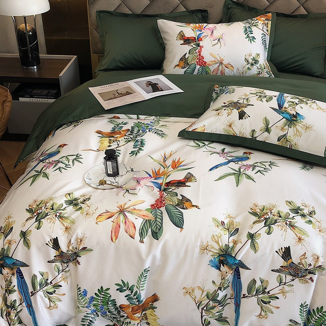Luxurious cotton satin bedding set with exotic bird and botanical print