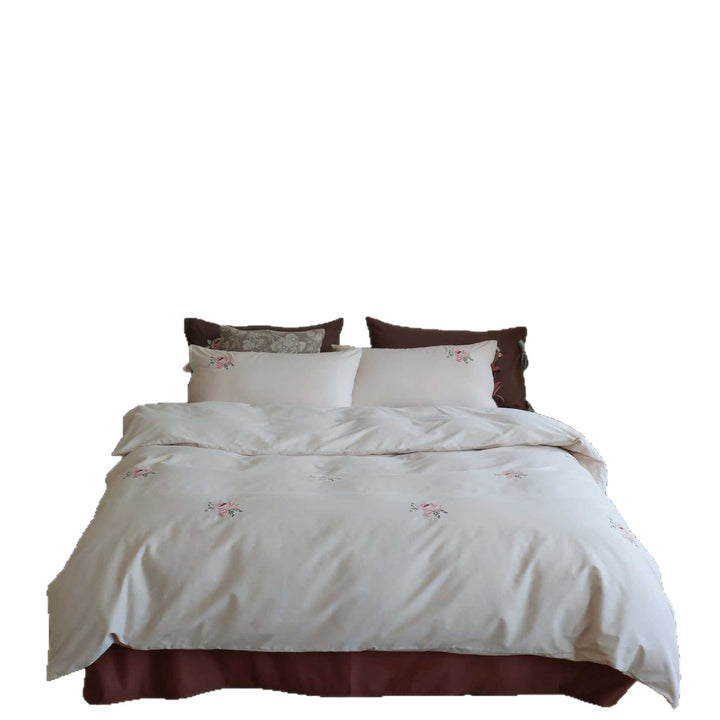Embroidered Floral Cotton Sateen Duvet Cover Set with Decorative Pillow Shams