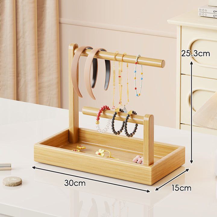 Wooden Dual-Tier Jewelry Organizer Stand with Felt-Lined Tray