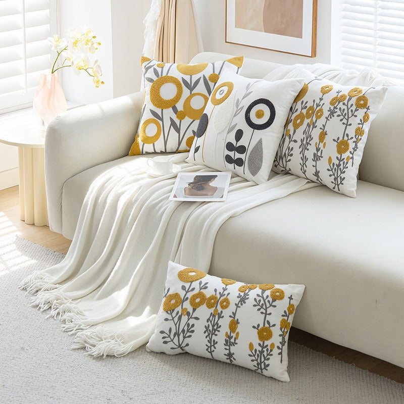 Tufted Floral Embroidered Cotton Throw Pillow Cover with Hidden Zipper