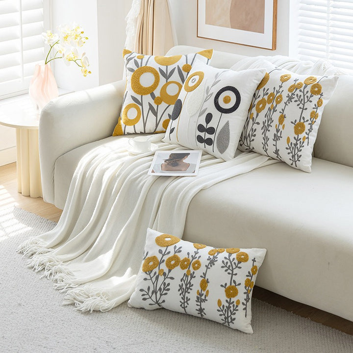 Tufted Floral Embroidered Cotton Throw Pillow Cover with Hidden Zipper