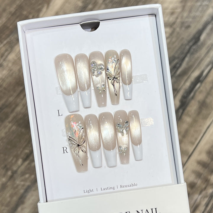 Elegant Press-On Nail Art Set with Butterfly and Jewel Accents Stornfield