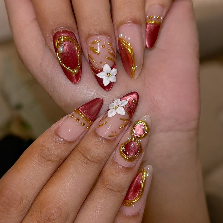 Artistic Press-On Nail Set with Floral and Metallic Accents Stornfield