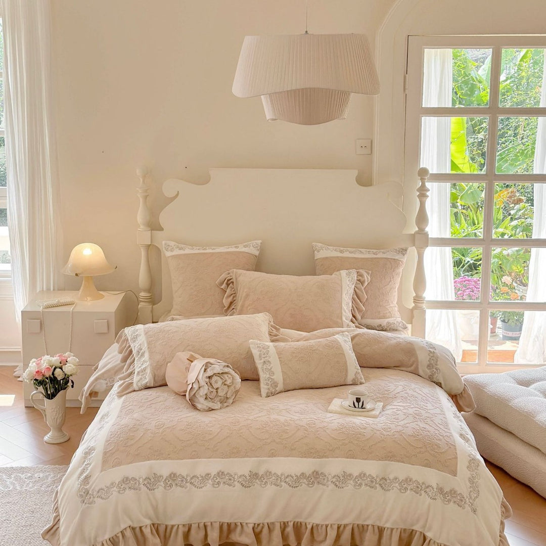 Quilted cotton duvet cover set with ruffle, embroidery border, and decorative quilted texture