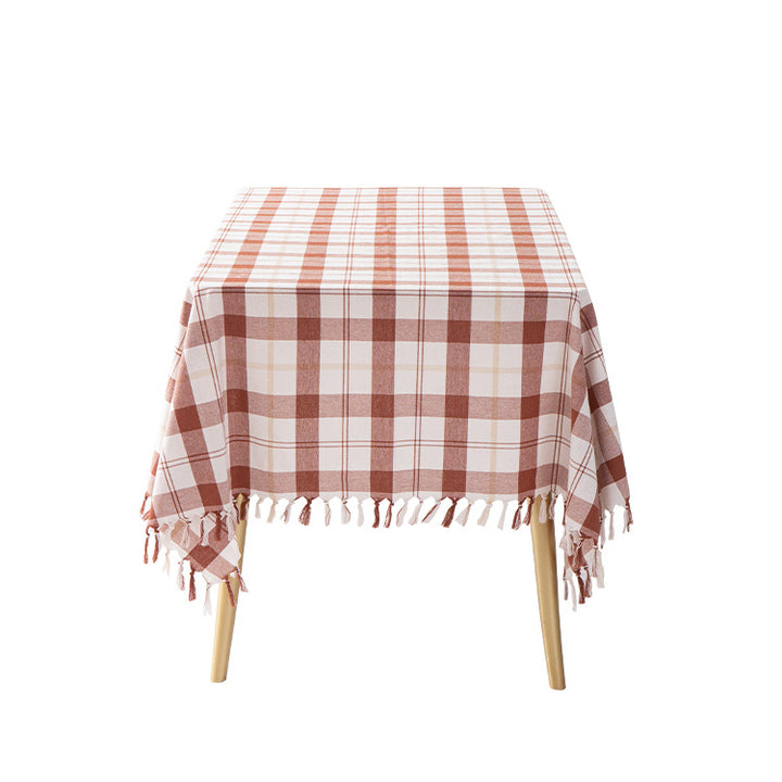 Rectangular linen-look tablecloth in check pattern with fringed border