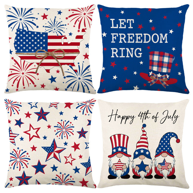 Decorative Cotton-Linen Throw Pillow Cover with Patriotic Star and Fireworks Print