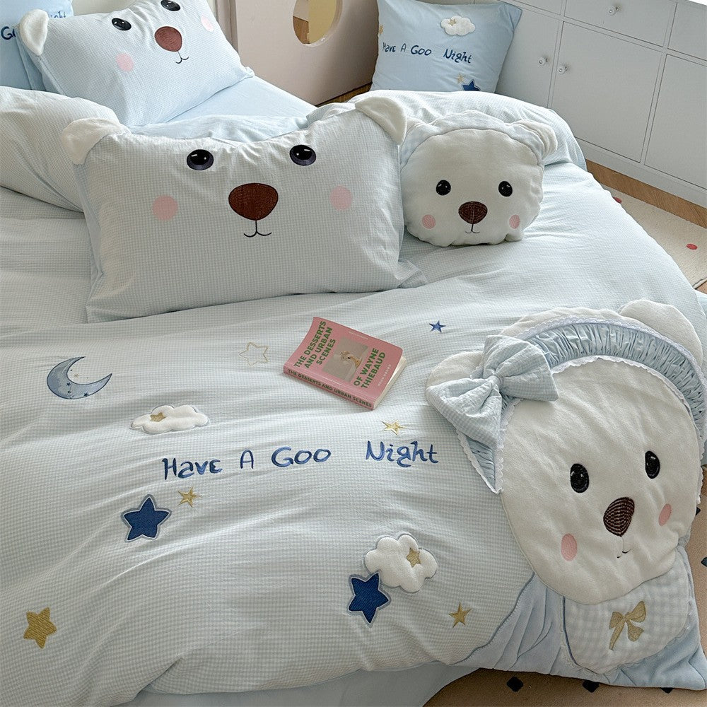 Children's Cotton-Blend Bear Embroidered Duvet Cover Bedding Set