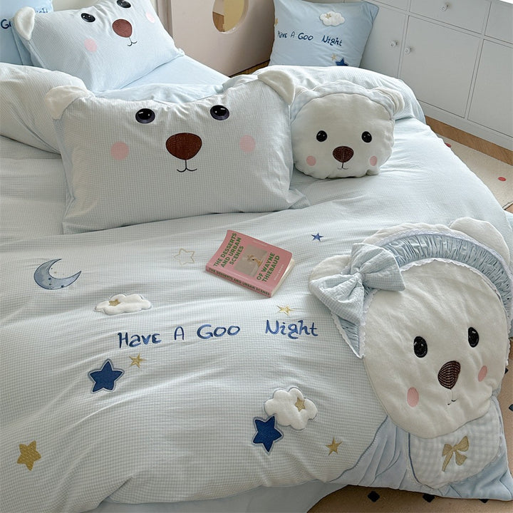 Children's Cotton-Blend Bear Embroidered Duvet Cover Bedding Set