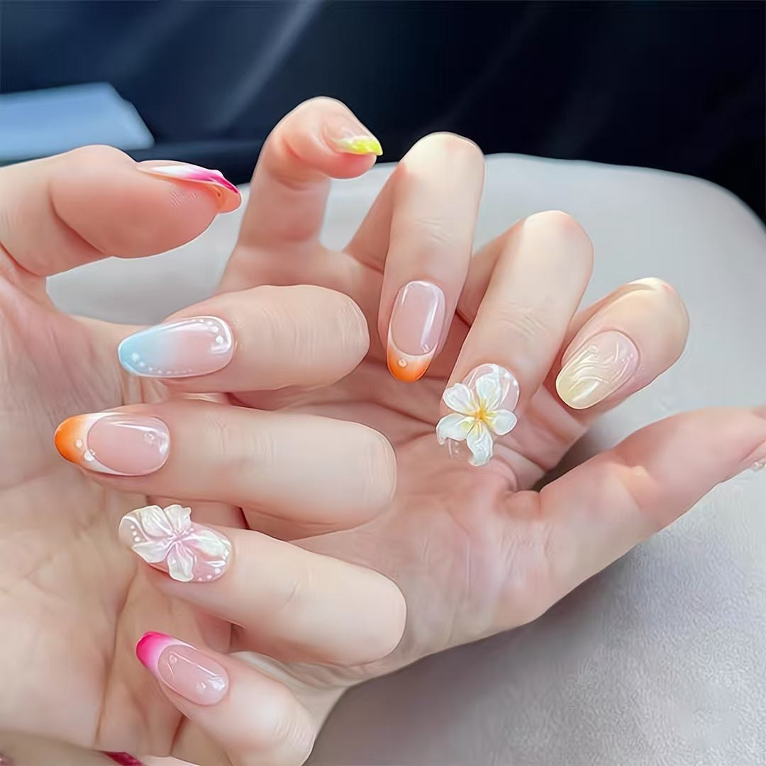 Artistic Press-On Nail Set with Floral and Ombré Designs Stornfield